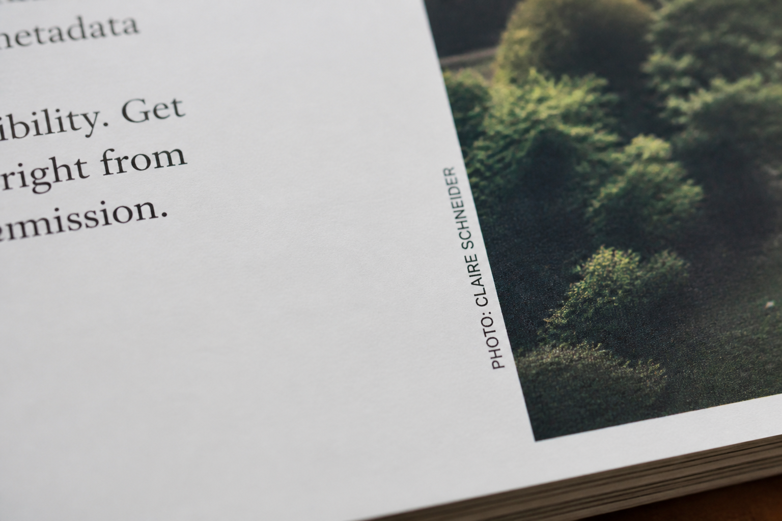 Detail of a printed magazine page showing a small photo credit set vertically along the edge of an image