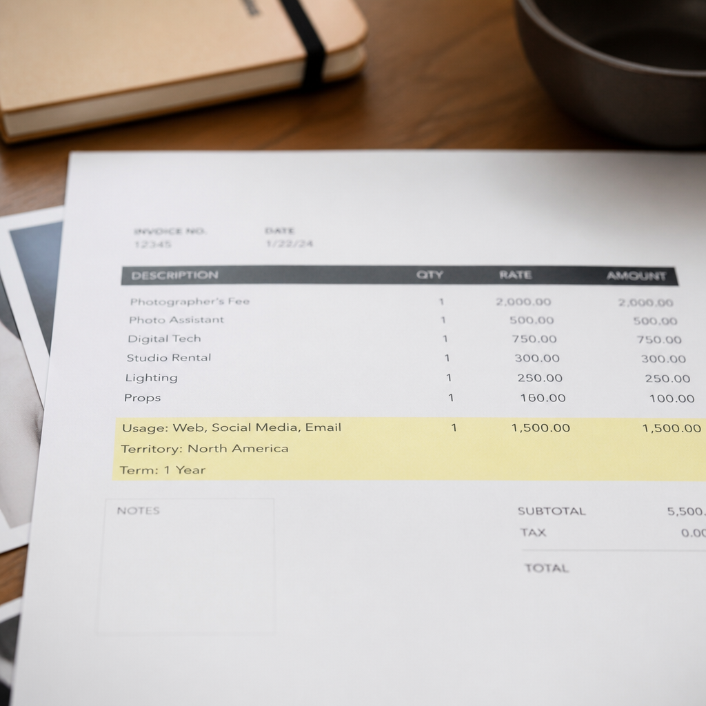 Close view of a printed photography invoice with the usage line highlighted, showing media, territory and term