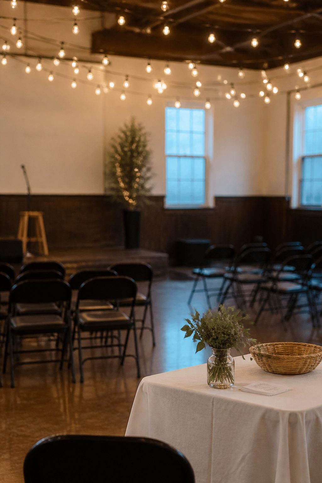 A windowless banquet room at dusk, empty tables set with ivory linen under brass chandeliers, one photographer's light stand at the edge of a polished hardwood dance floor, shot wide from the back of the room with the house lights half down.