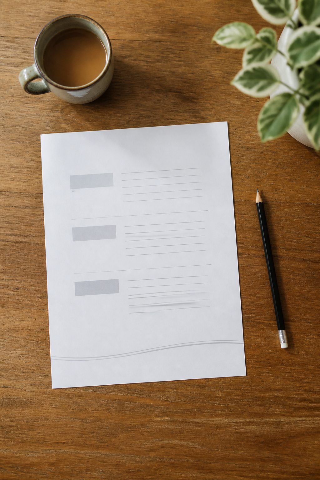 A boardroom table in late afternoon light, a printed estimate with a pen resting on it and a laptop open to a folder of image files, shot from across the table at eye level.